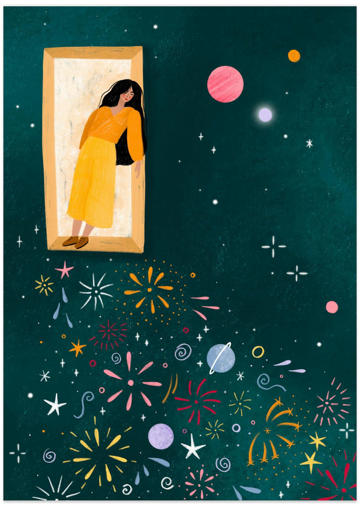 Yellow Dress Leans From A Window - Art Print by Bea Müller