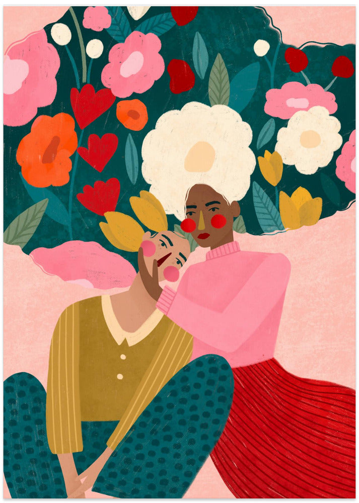 Embracing Couple  In Floral Embrace - Art Print by Bea Müller
