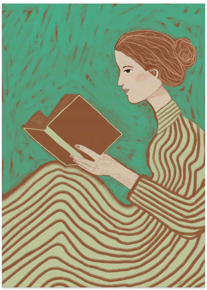 Lady reading striped dress - Art Print by Sharyn Bursic