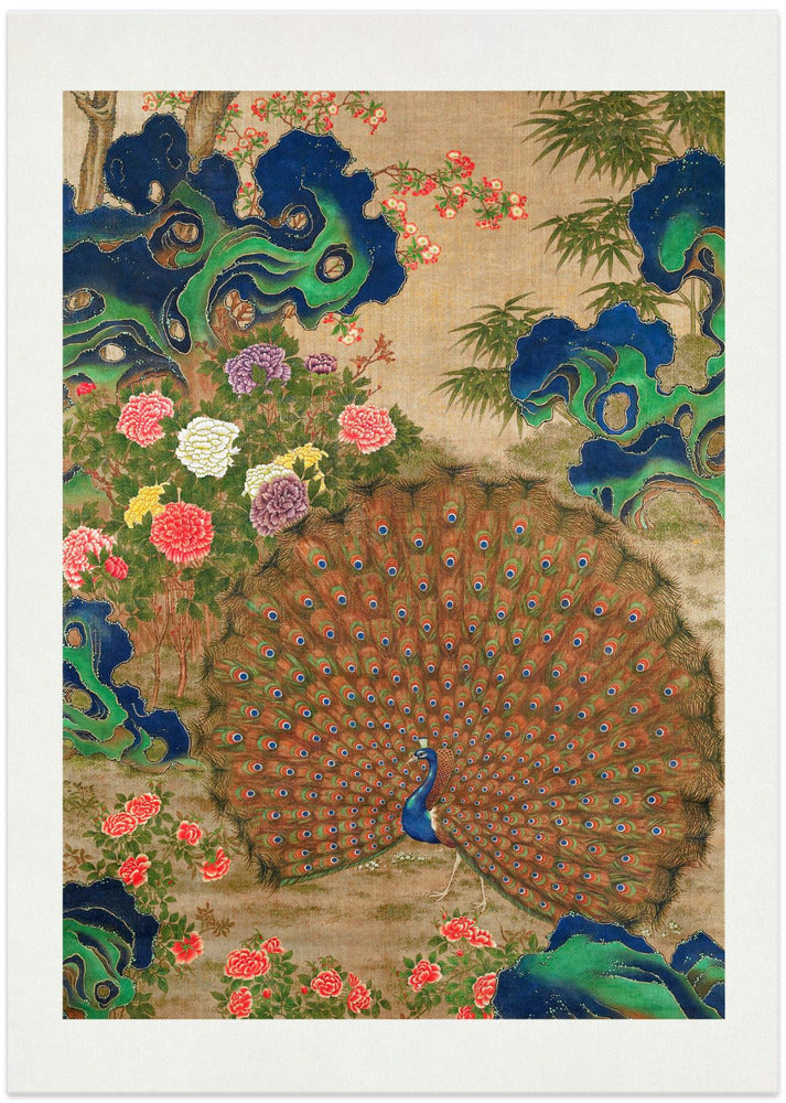 Chinese Peacock and Flowers (17th Century) - Art Print by Vintage Japanese