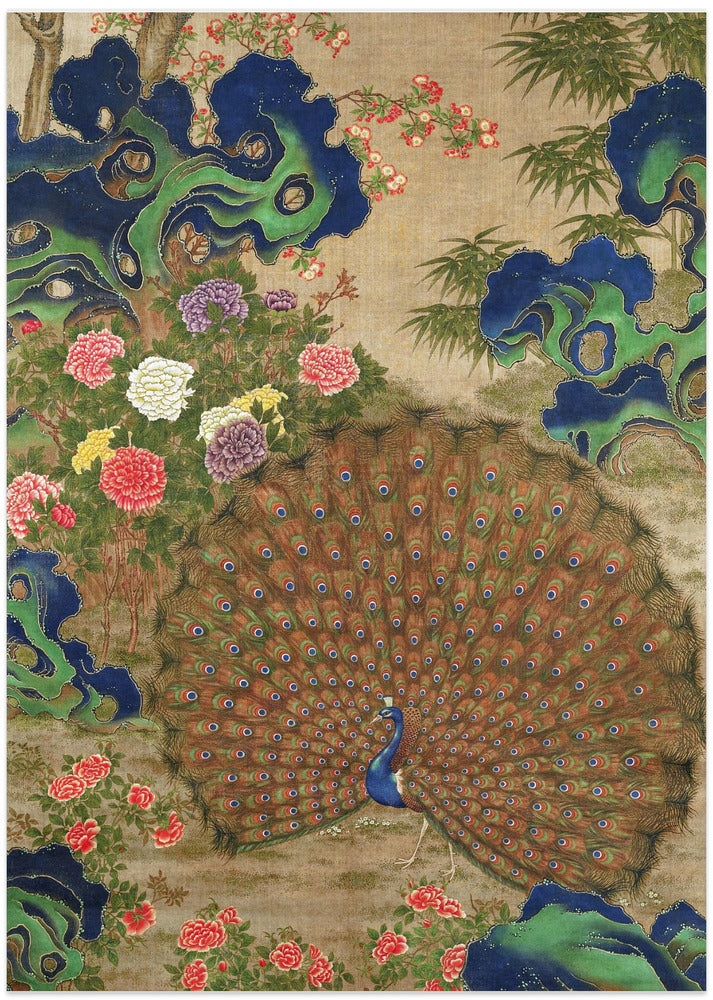 Chinese Peacock and Flowers (17th Century) - Art Print by Vintage Japanese