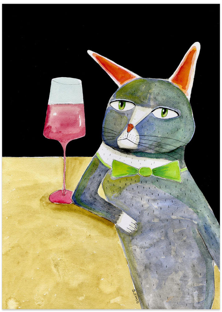 Bar Cat with Bow Tie - Art Print by Sharyn Bursic