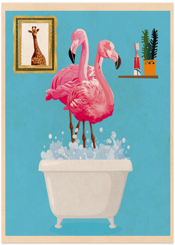 Flamingos In Bath - Art Print by WallChart Art Studio