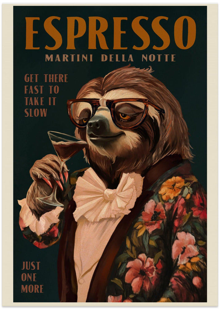 Art Deco Espresso Martini Drinking Sloth - Art Print by The Whiskey Ginger