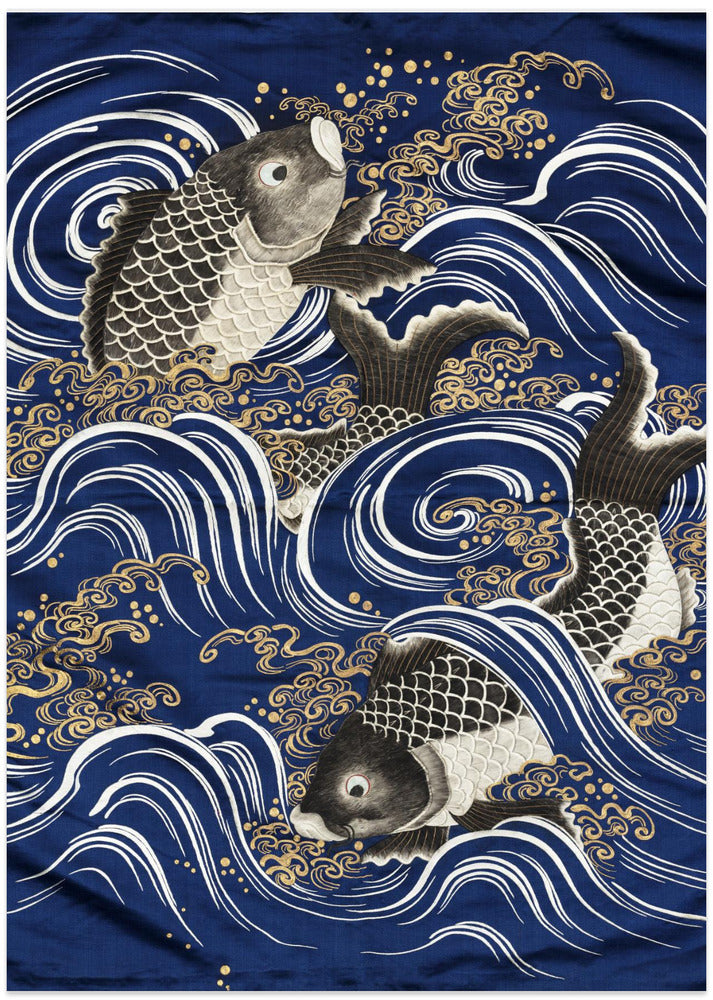 Carp In Waves During Meij Period - Art Print by Unknown