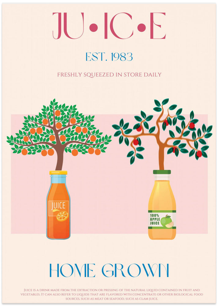 Orange and Apple Trees with Juice Bottles - Art Print by Nazma Khokhar