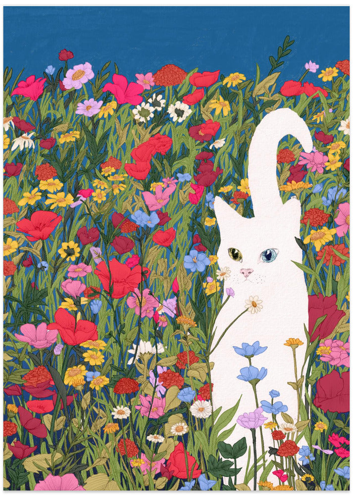 White Cat in the Wildflowers - Art Print by EC Mazur