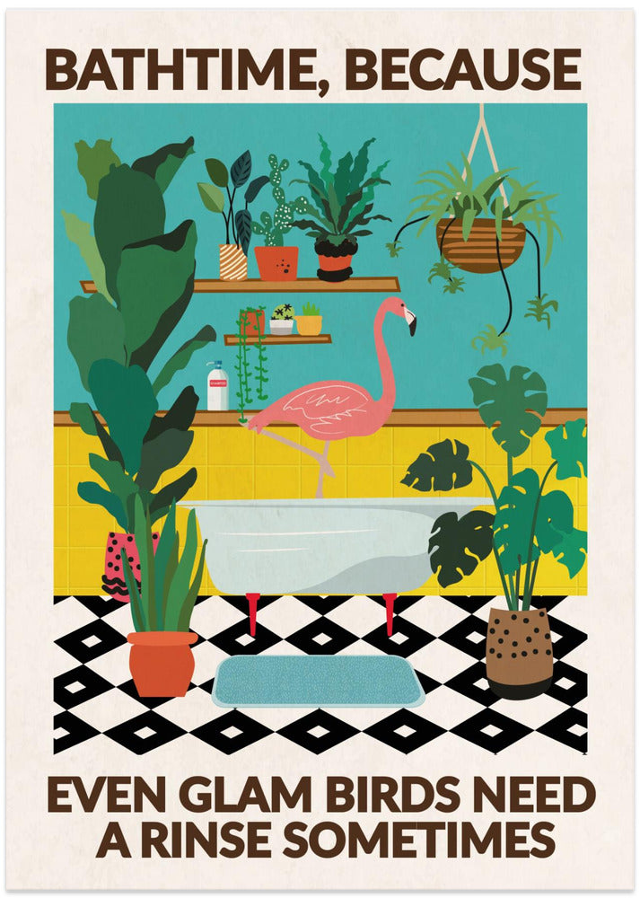 Cheeky Flamingo Bathtime - Art Print by WallChart Art Studio