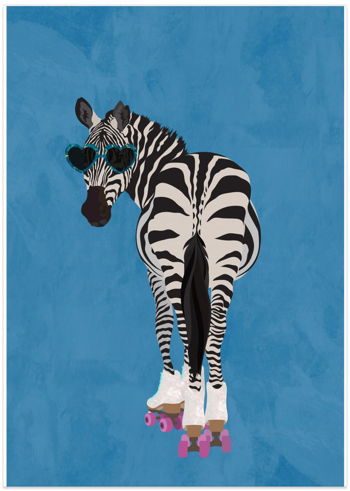 Rollerskating Zebra blue - Art Print by Sarah Manovski