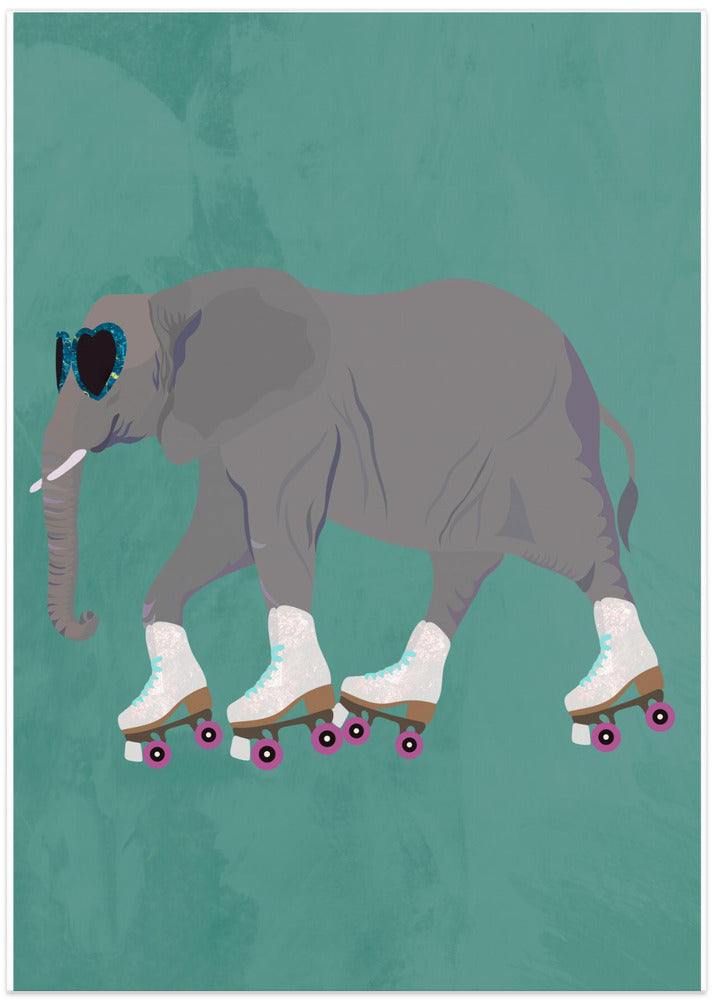 Elephant Rollerskating teal - Art Print by Sarah Manovski