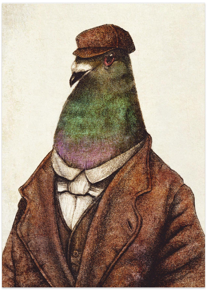 Pigeon Dressed In Vintage Attire - Art Print by Mike Koubou