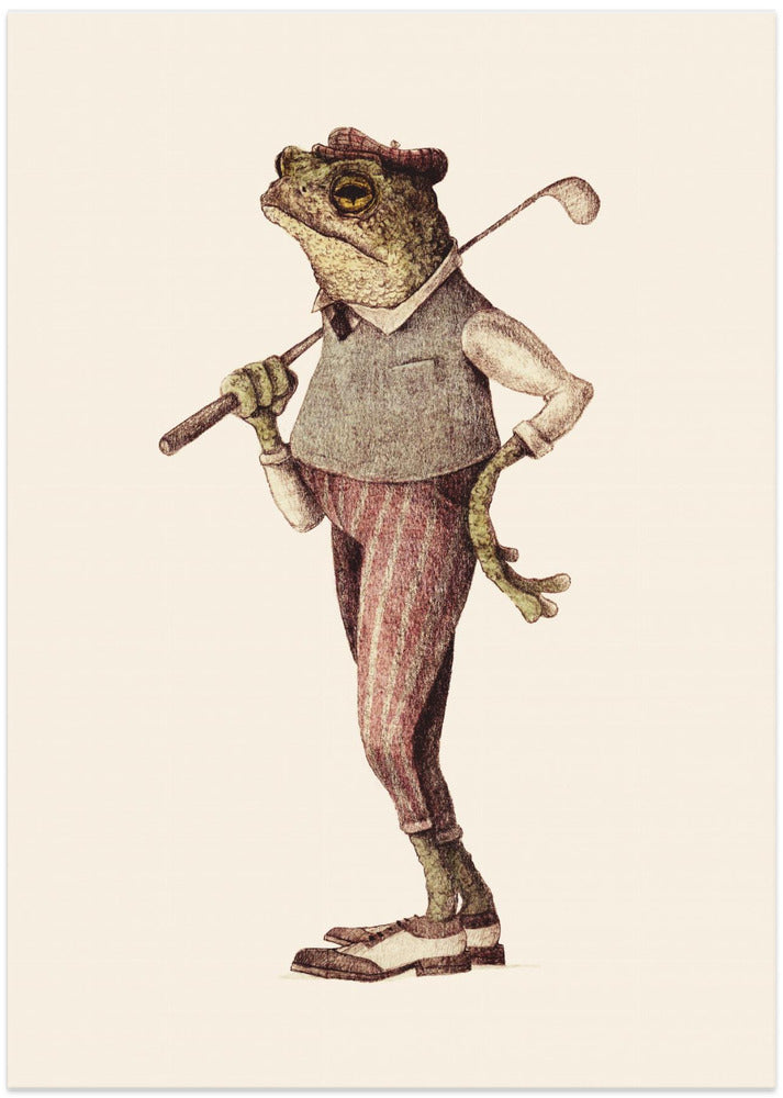 Frog In Vintage Golf Attire - Art Print by Mike Koubou
