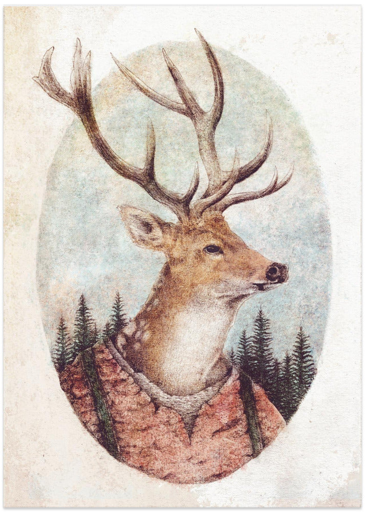 Deer In A Rustic Outfit - Art Print by Mike Koubou