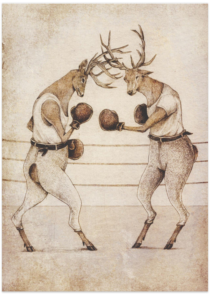 Deer Fight Vintage Style - Art Print by Mike Koubou