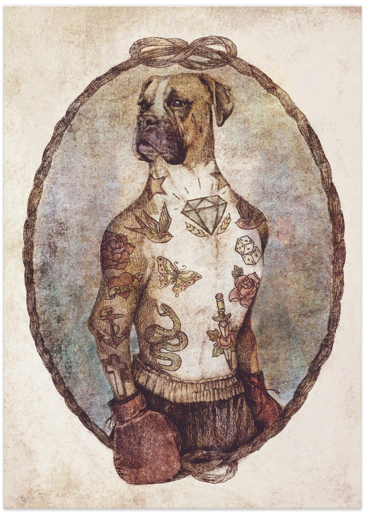 Tattooed Boxer Pup - Art Print by Mike Koubou
