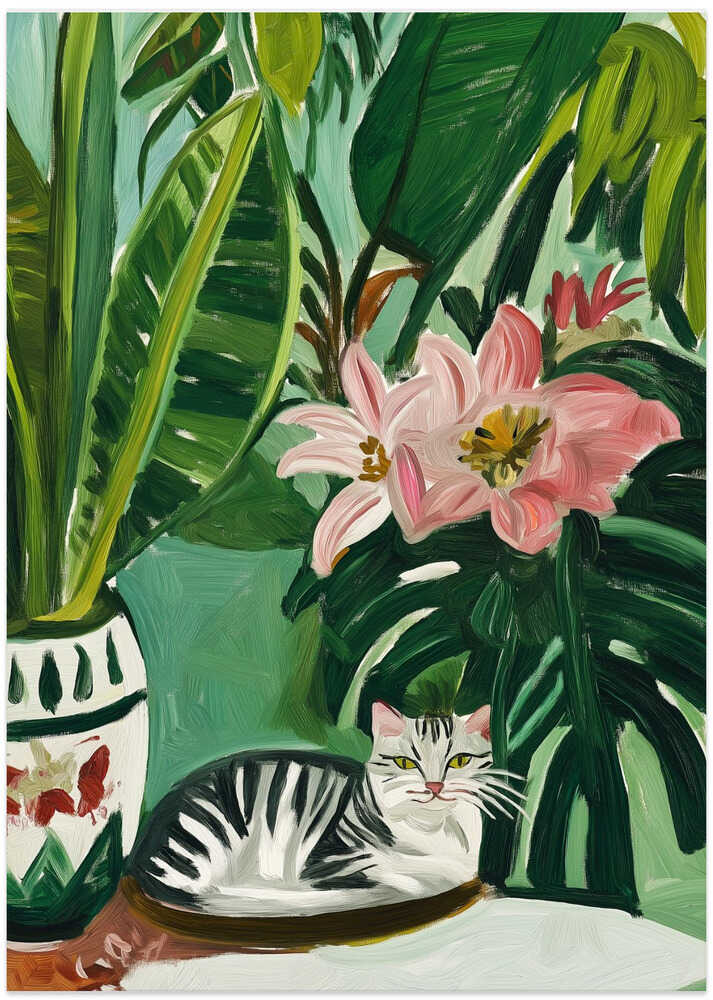 Tropical Muse With Cat - Art Print by SHANDU