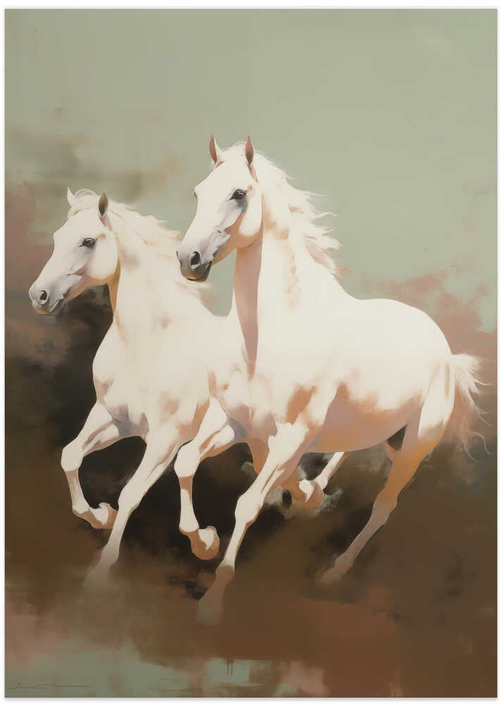 Two Elegant White Horses Galloping - Art Print by Andreas Magnusson