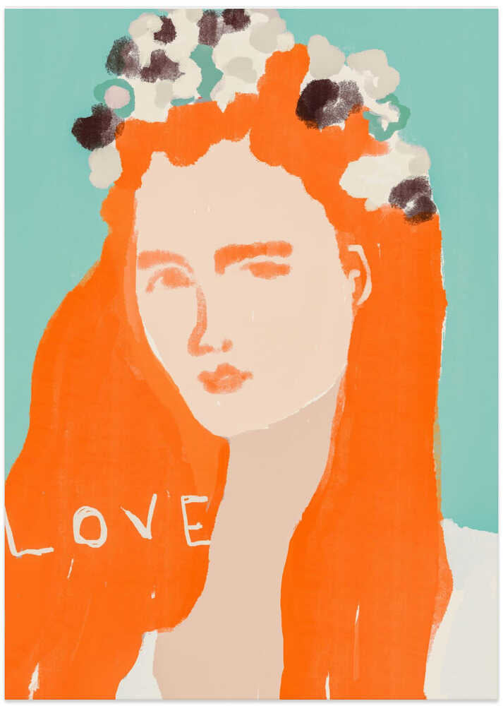 Woman with Orange Hair Adorned with Flowers - Art Print by Beate Tubach