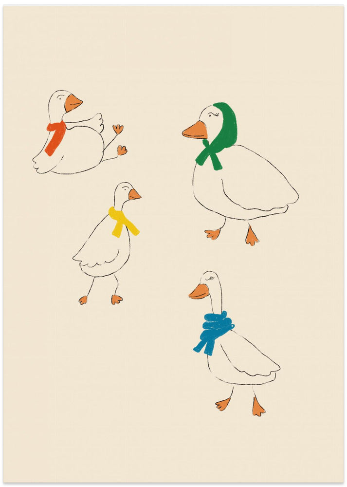 Ducks Adorned in Colorful Scarves - Art Print by Anna Mielniczuk