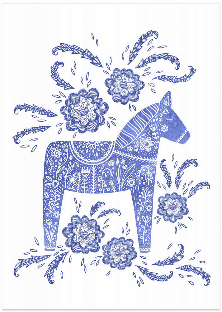Swedish Dala Horse Blue And White - Art Print by Nic Squirrell