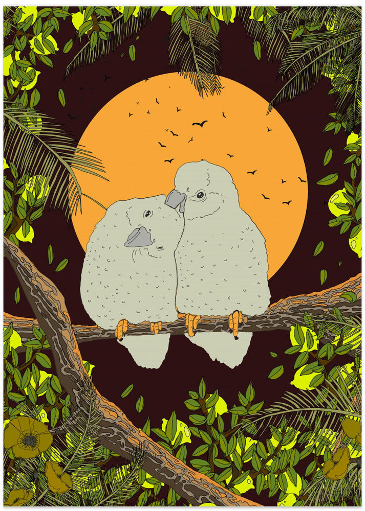 Love Birds Whispers of the Jungle Night - Art Print by Nicholas