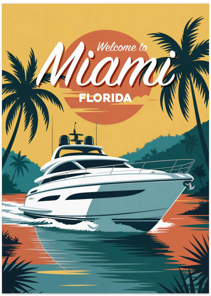 Yacht on Miami Waves - Art Print by Andreas Magnusson Travel Poster