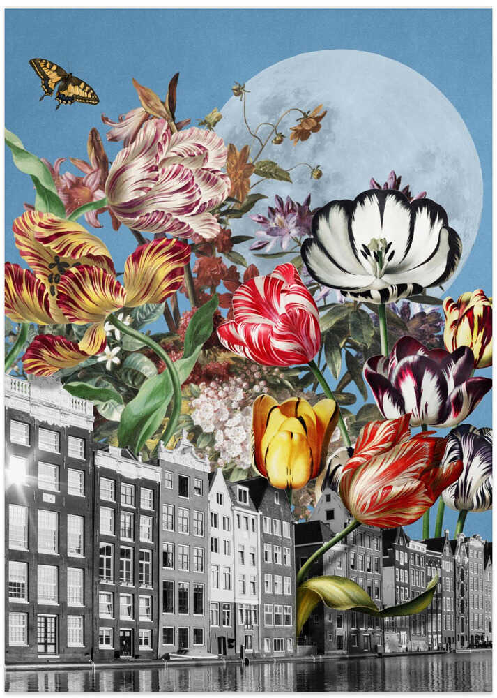 Vibrant Tulips And Intricate Butterflies - Art Print by Marja van den Hurk