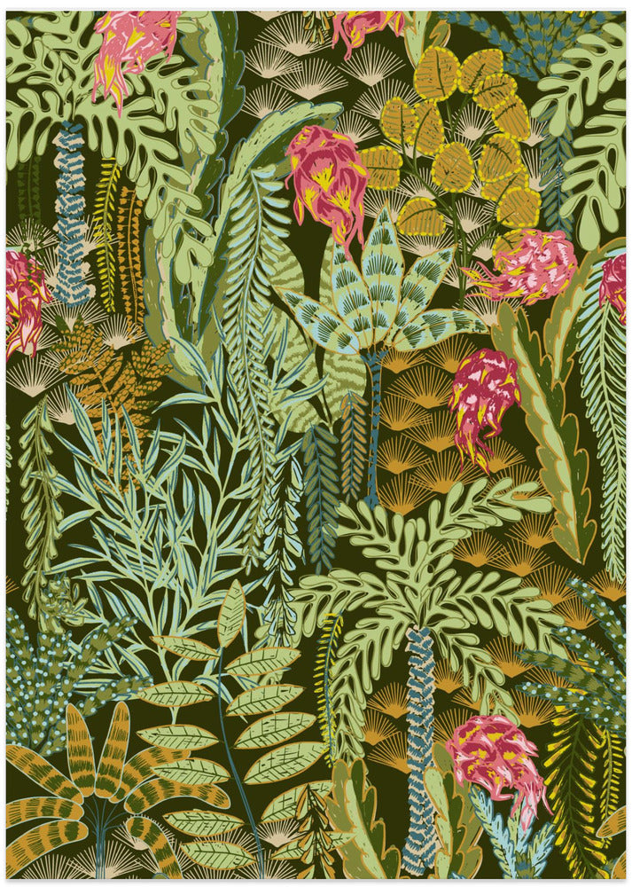 tropical lounge with dragon fruit emerald pattern - Art Print by Annick