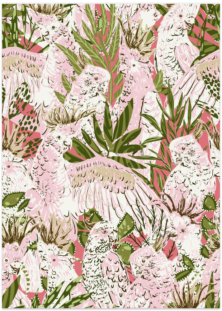 Tropical Lounge Cockatoos Pink pattern - Art Print by Annick