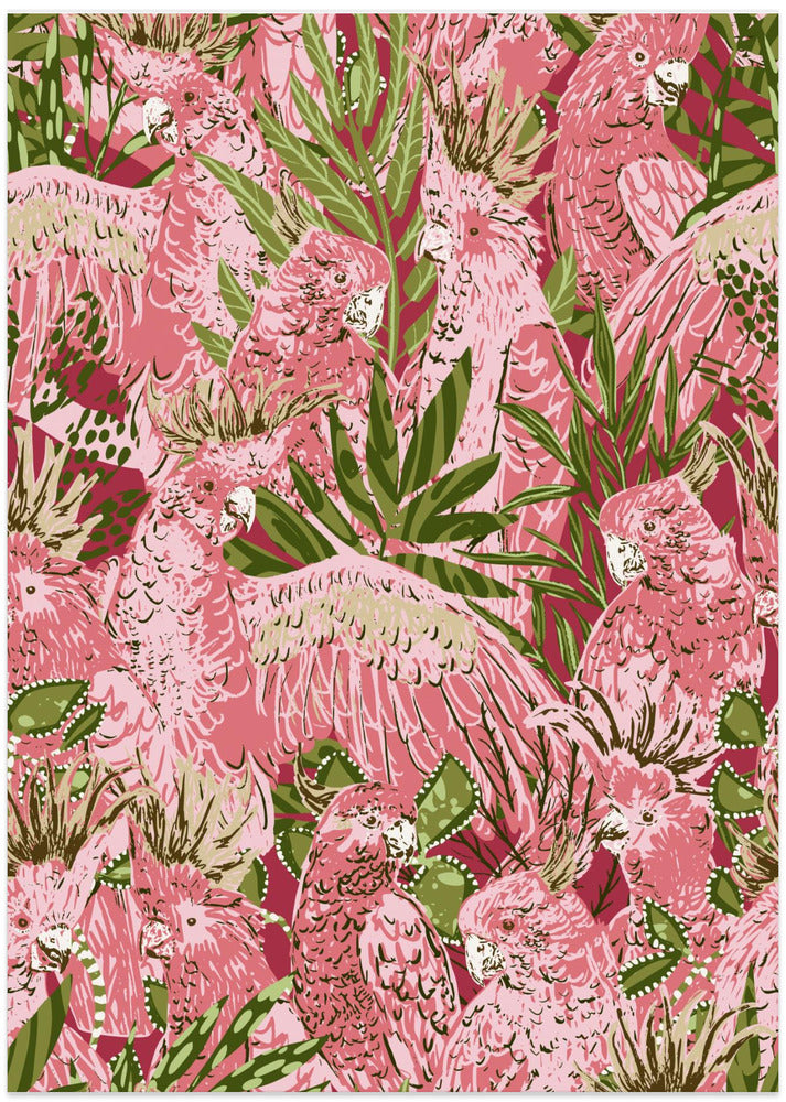Tropical lounge pink Cockatoos pattern - Art Print by Annick