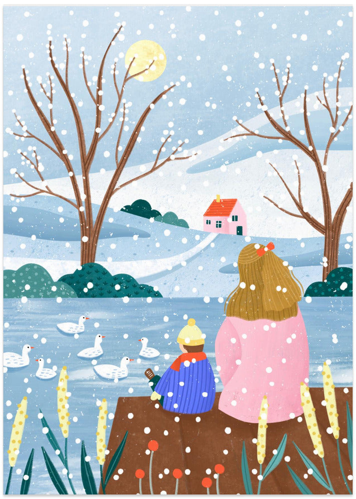 Mother and Child At Winter Lake - Art Print by Bea Müller