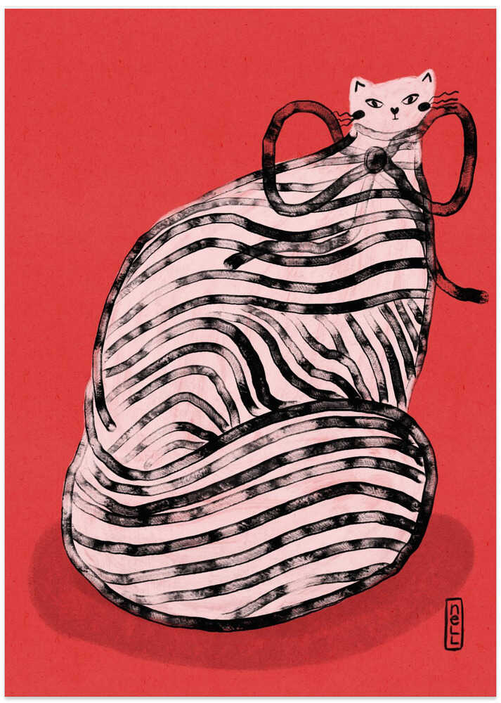 Black and White Stripe Cat Illustration Poster - Art Print by Dirkie Nell