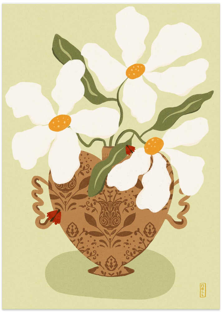 White flowers in a Greek Vase Illustration - Art Print by Dirkie Nell