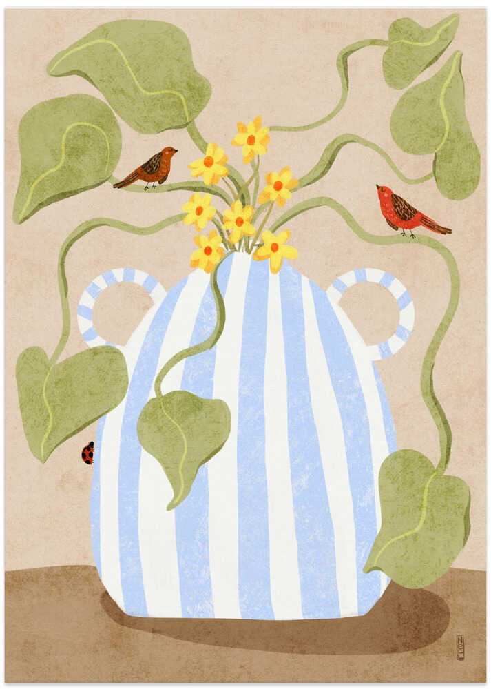 Leaves In a Pot With Birds Illustration - Art Print by Dirkie Nell