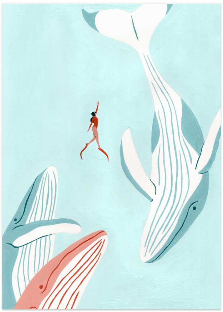 Swimming with Whales - Art Print by Julie Lesouef