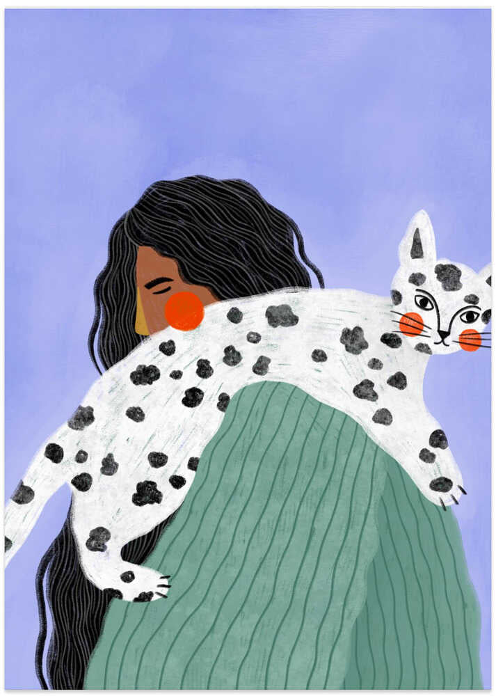 Woman and Spotted Cat - Art Print by Bea Müller