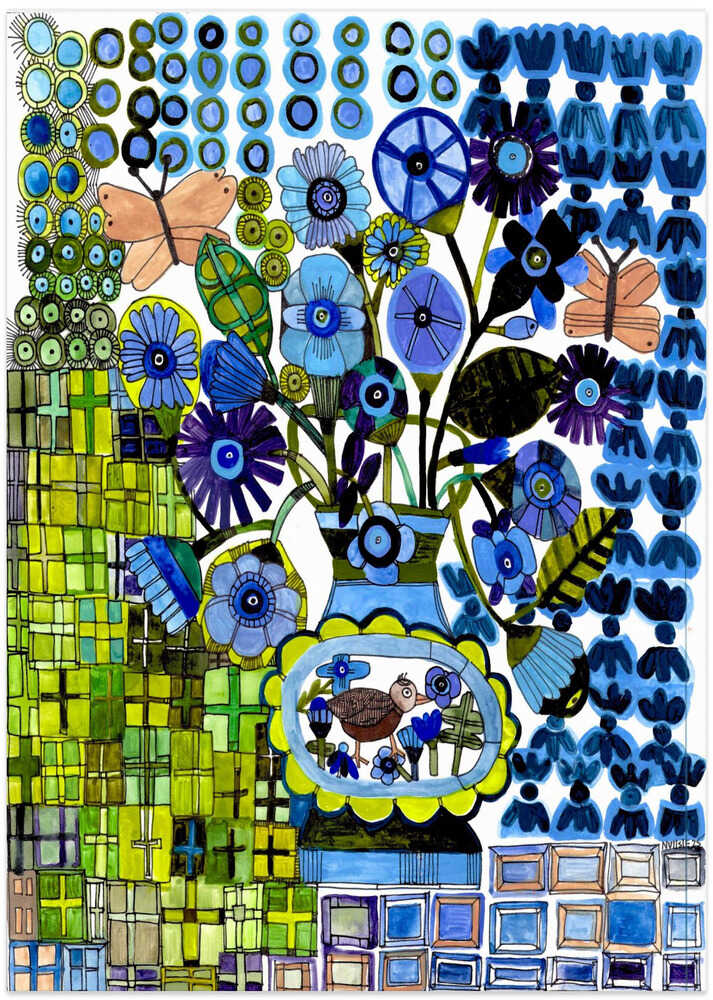 Butterflies in Blue and Green - Art Print by Sharon Nullmeyer