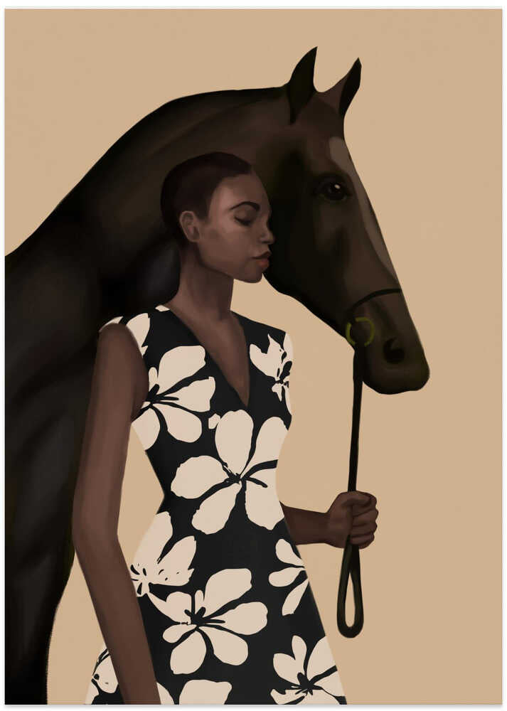 Woman In Bold Print With Black Horse - Art Print by Nadjaa