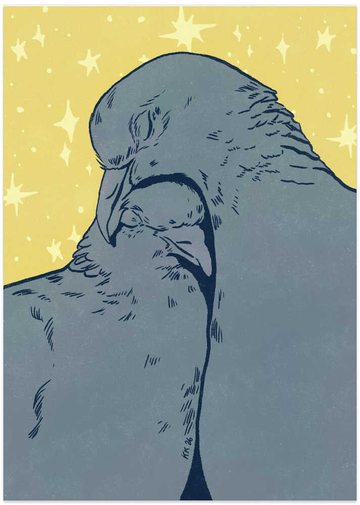 Cuddling Pigeons Under Stars - Art Print by Katariina Kosunen