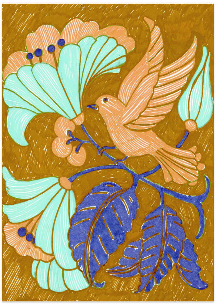 Stylized Bird Floral Branch - Art Print by Katie O'Shea