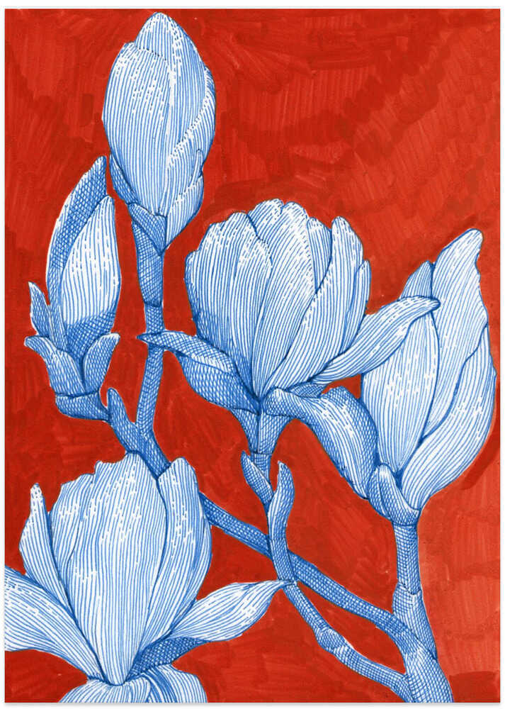 Bold Blue Magnolias - Art Print by Katie O'Shea