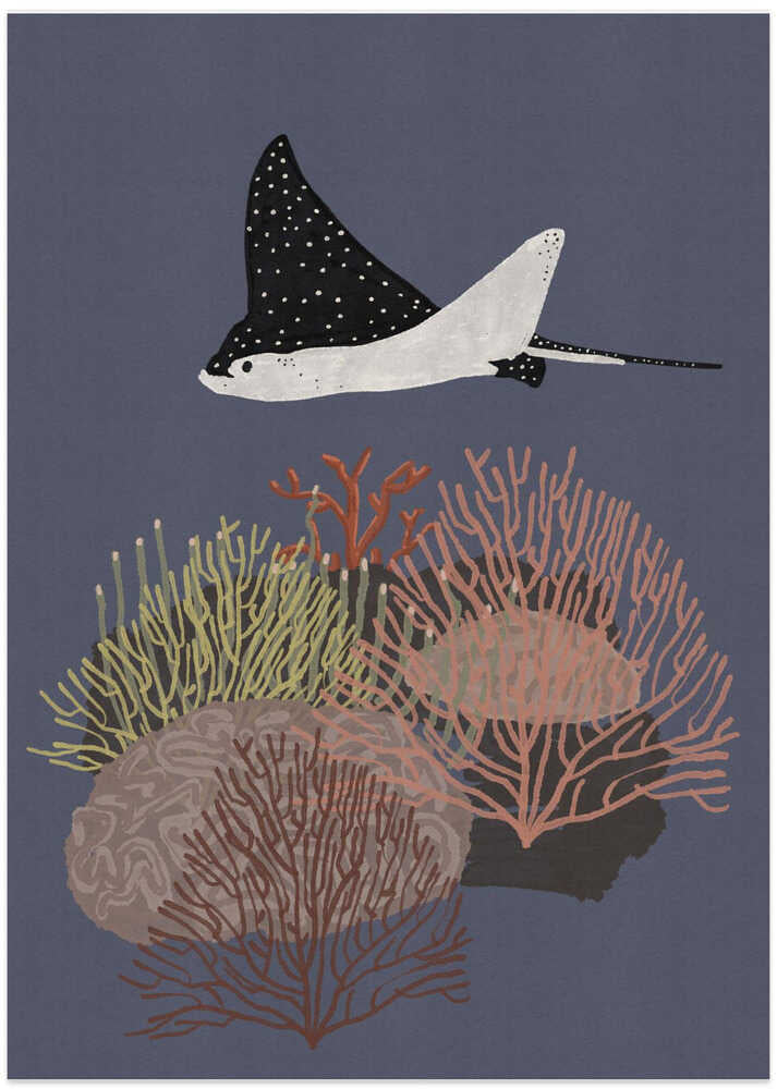 Spotted Ray Over Coral Reef - Art Print by Nicholas