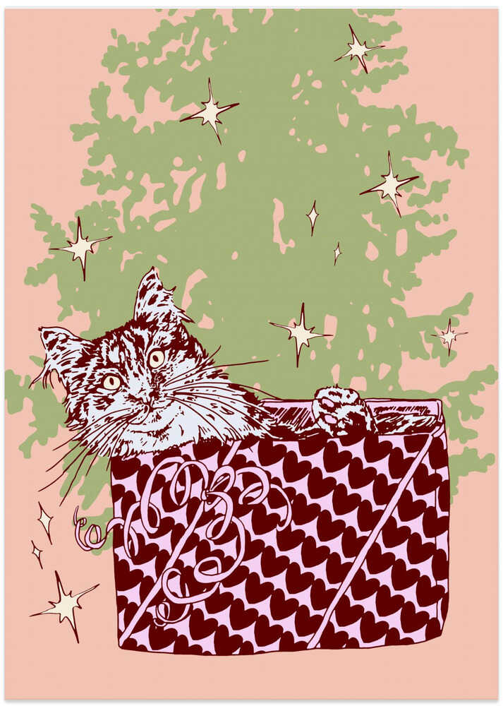 Christmas Cat Surprise - Art Print by Katariina Kosunen