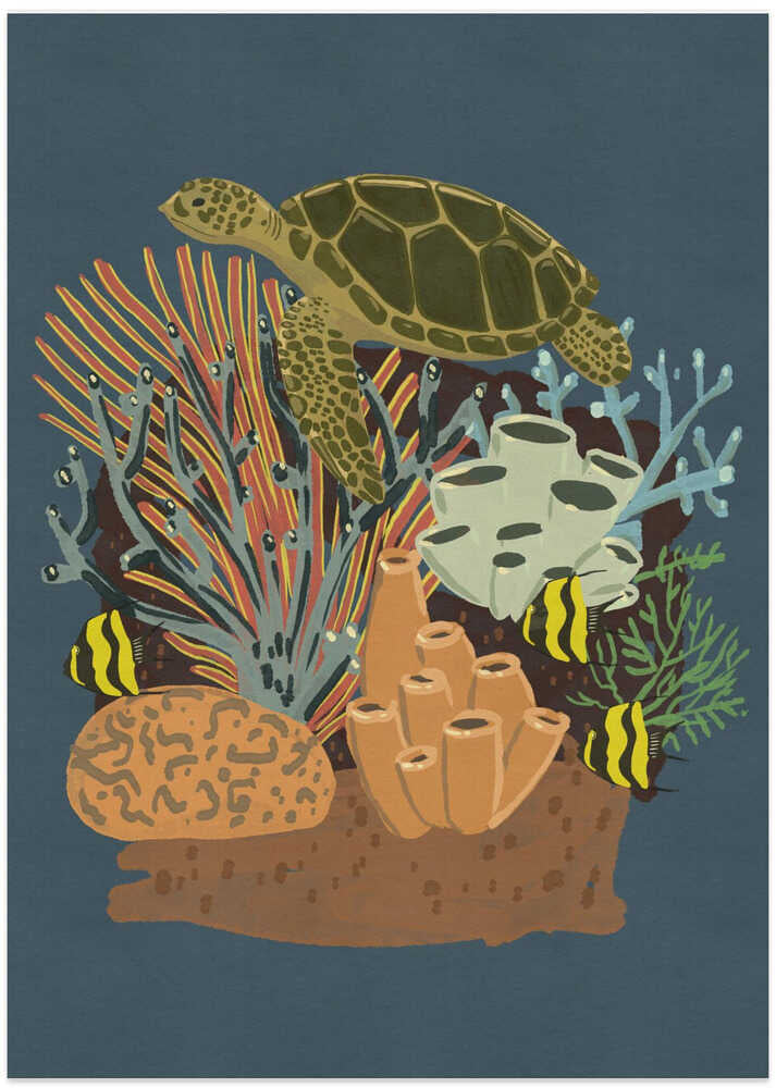 Sea Turtle Over Coral Reef - Art Print by Nicholas
