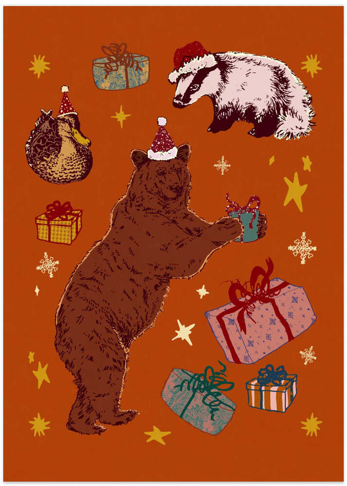Holiday Animals Giving Gifts - Art Print by Katariina Kosunen