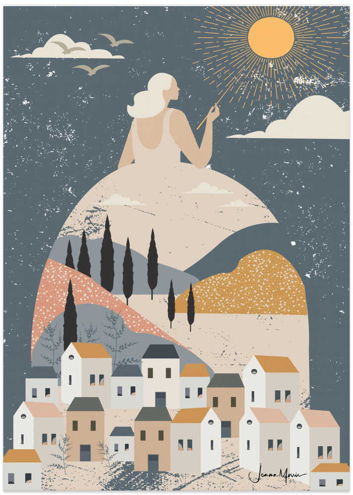 Woman Over Tuscan Village - Art Print by Jemma Morris