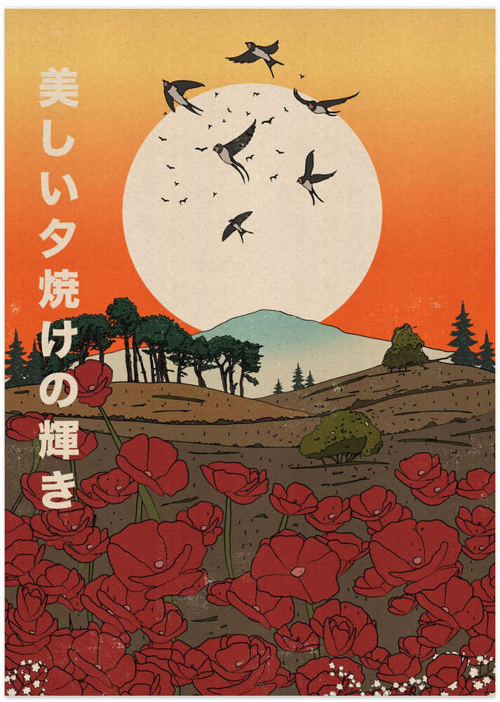 Japanese Swallows Sunset - Art Print by Nicholas