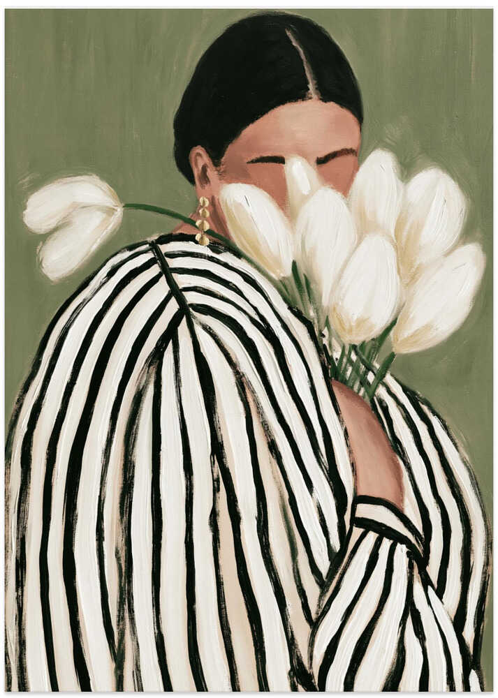 Woman with flowers, striped woman with tulips illustration - Art Print by Stephanie Jeuffroy