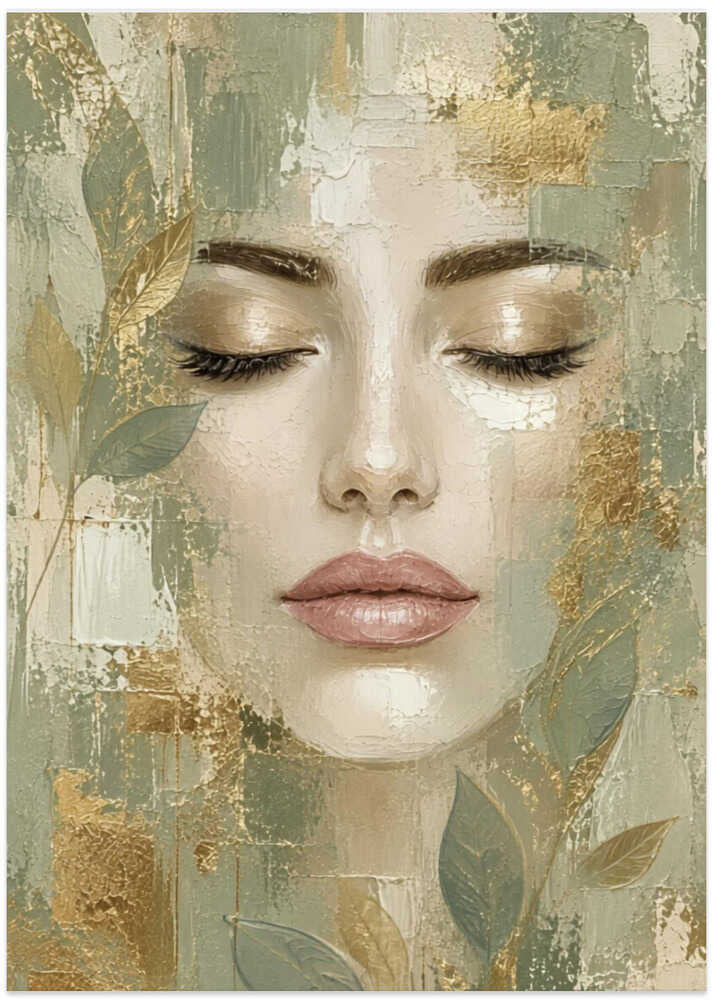 Serene Woman Gold Leaves - Art Print by Sally Ann Moss