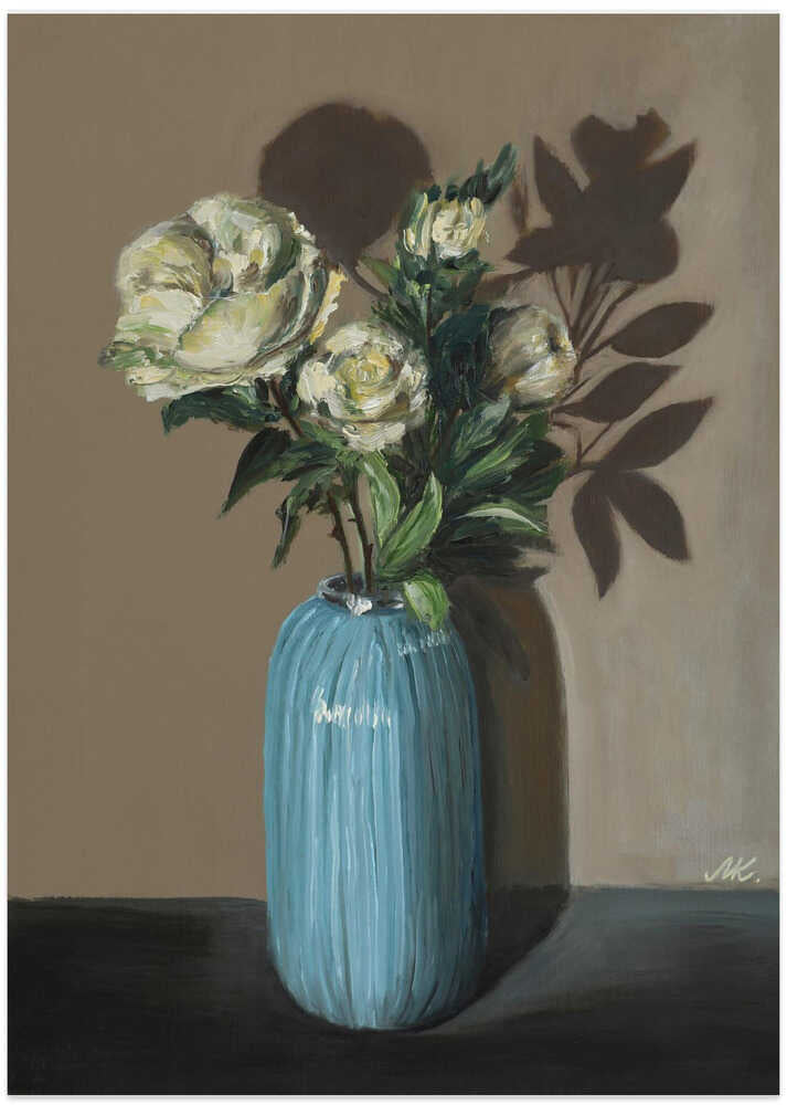 White Peonies in Blue Vase - Moody Floral Still Life - Art Print by Marina Kozyr